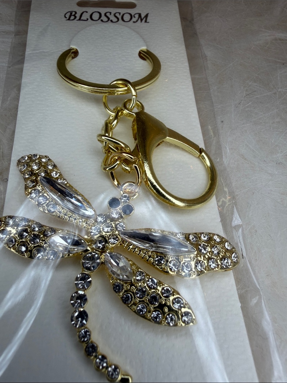 Dragonfly NWT packsaged rhinestone keychain/bag charm. gold tone